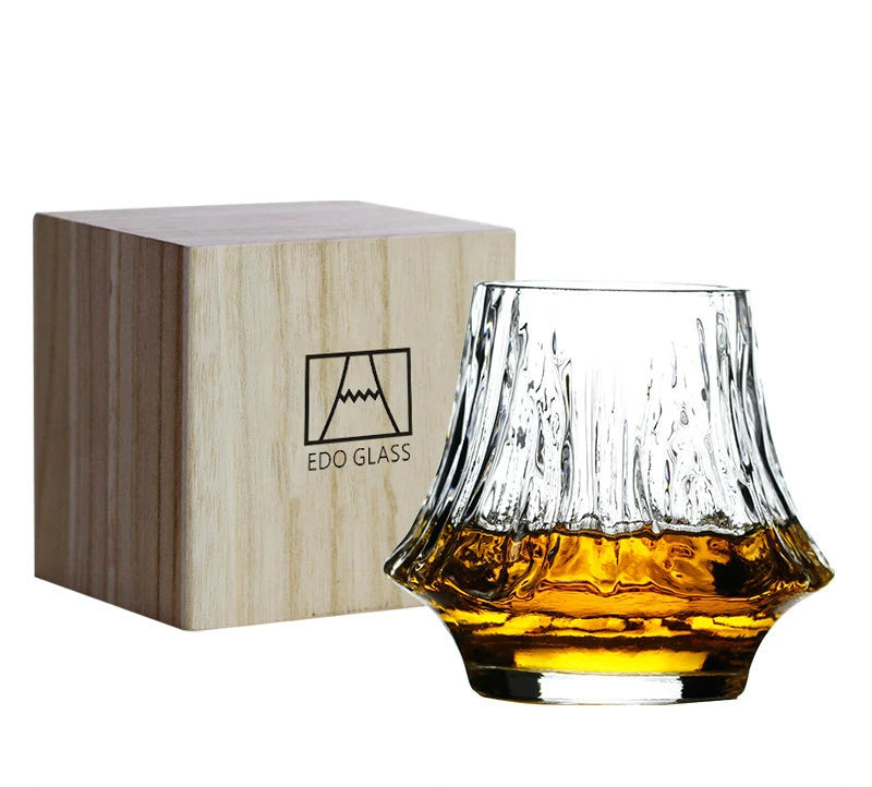INS Japanese Art Design Volcano Wine Glass Artwork Wood Gift Box Whiskey Tumbler Mt. Fuji Mountain Irregular Brandy Snifter Cup