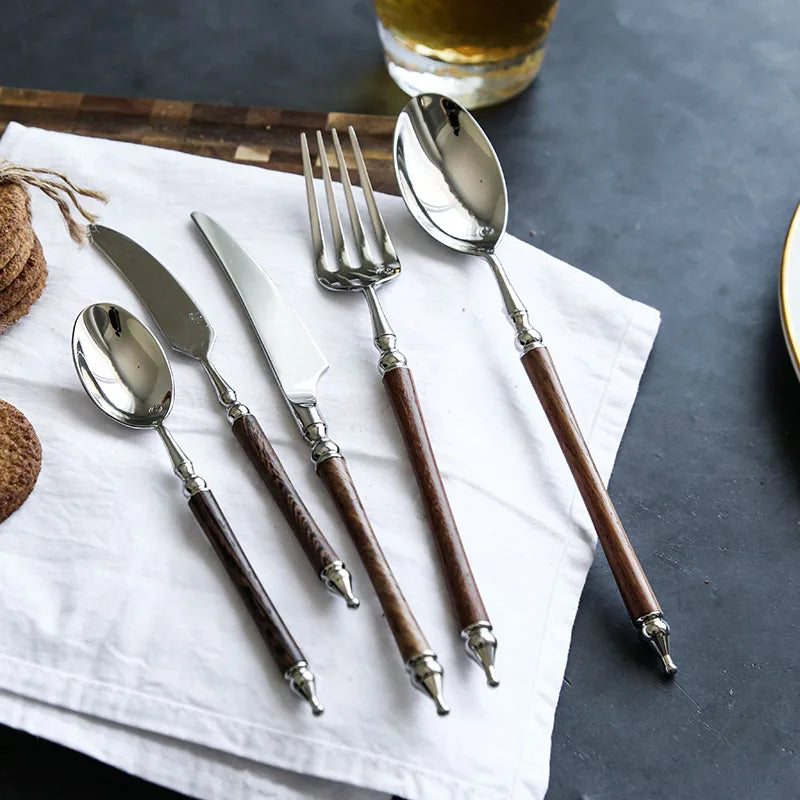 Western tableware set chicken wings wooden handle 304 stainless steel steak knife fork spoon chopstick spoon dessert fork spoon