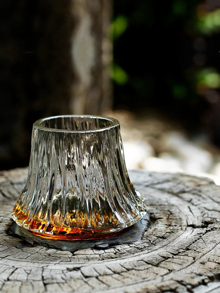 INS Japanese Art Design Volcano Wine Glass Artwork Wood Gift Box Whiskey Tumbler Mt. Fuji Mountain Irregular Brandy Snifter Cup