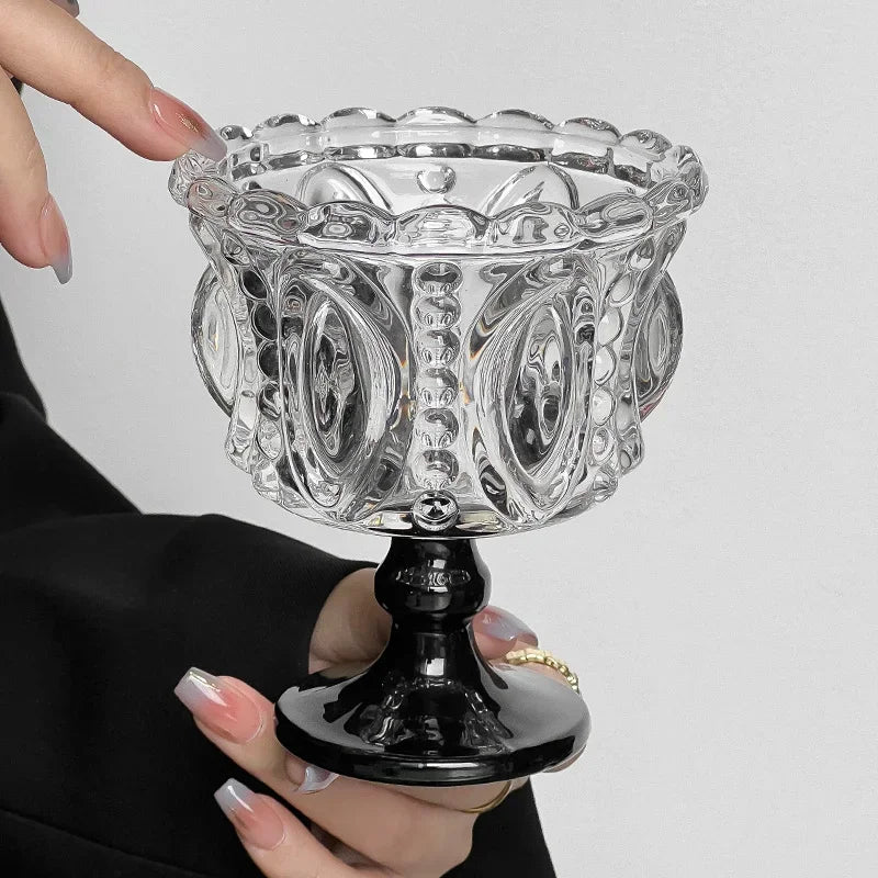 KEMORELA 1/2PCS Retro Embossed Tall Glass Cup Whiskey Mugs Black Crystal Home Creative Coffee Ice Cream Yogurt Dessert Goblet
