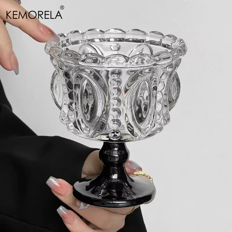KEMORELA 1/2PCS Retro Embossed Tall Glass Cup Whiskey Mugs Black Crystal Home Creative Coffee Ice Cream Yogurt Dessert Goblet