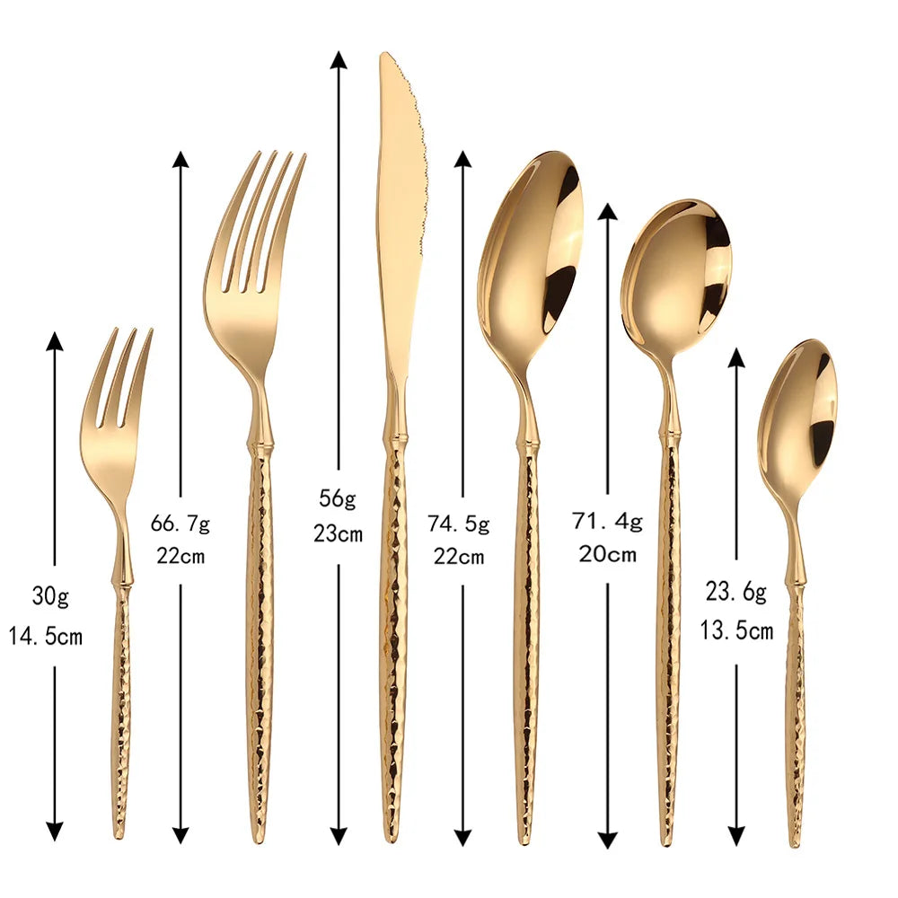 6/16/20/24Pcs Gold Cutlery Set Stainless Steel 304 Tableware Mirror Knife Fork Spoon Western Hammer Pattern Handle Dinner Set