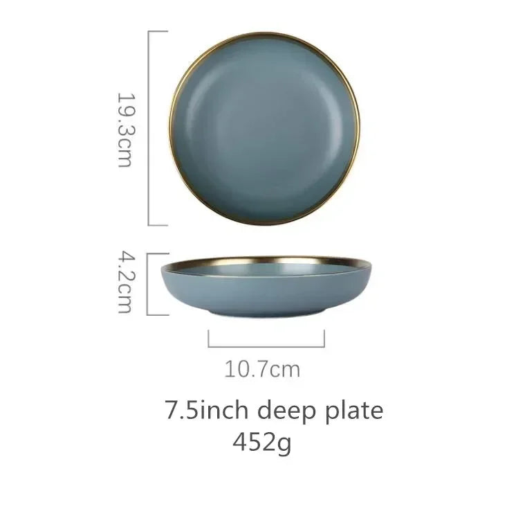 Matte Gilt Rim Ceramic Tableware Set with Spoon Cereals Bowl Dessert Plate Steak Plate for Dinner Gift Plates and Bowls Set