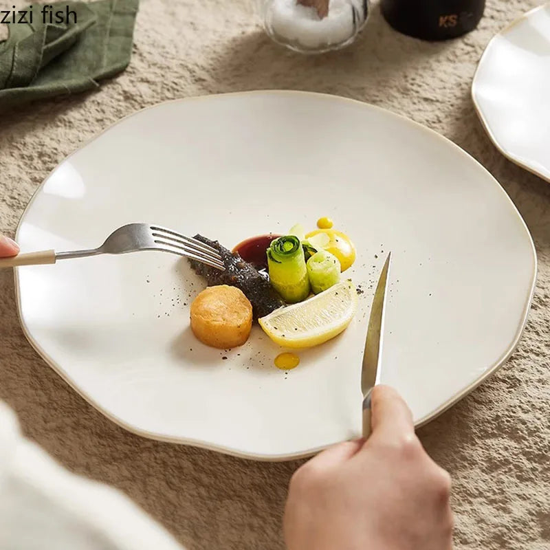 Beige Color Irregular Ceramic Plate Steak Plate Salad Plate Dessert Plates Sushi Plates Molecular Cuisine Creative Tableware