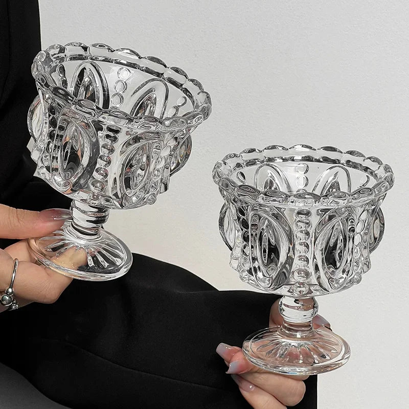 KEMORELA 1/2PCS Retro Embossed Tall Glass Cup Whiskey Mugs Black Crystal Home Creative Coffee Ice Cream Yogurt Dessert Goblet