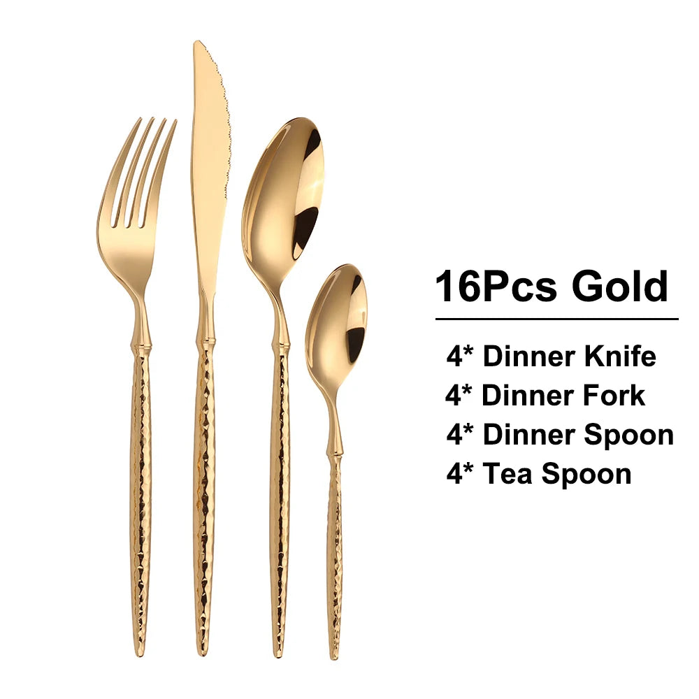 6/16/20/24Pcs Gold Cutlery Set Stainless Steel 304 Tableware Mirror Knife Fork Spoon Western Hammer Pattern Handle Dinner Set