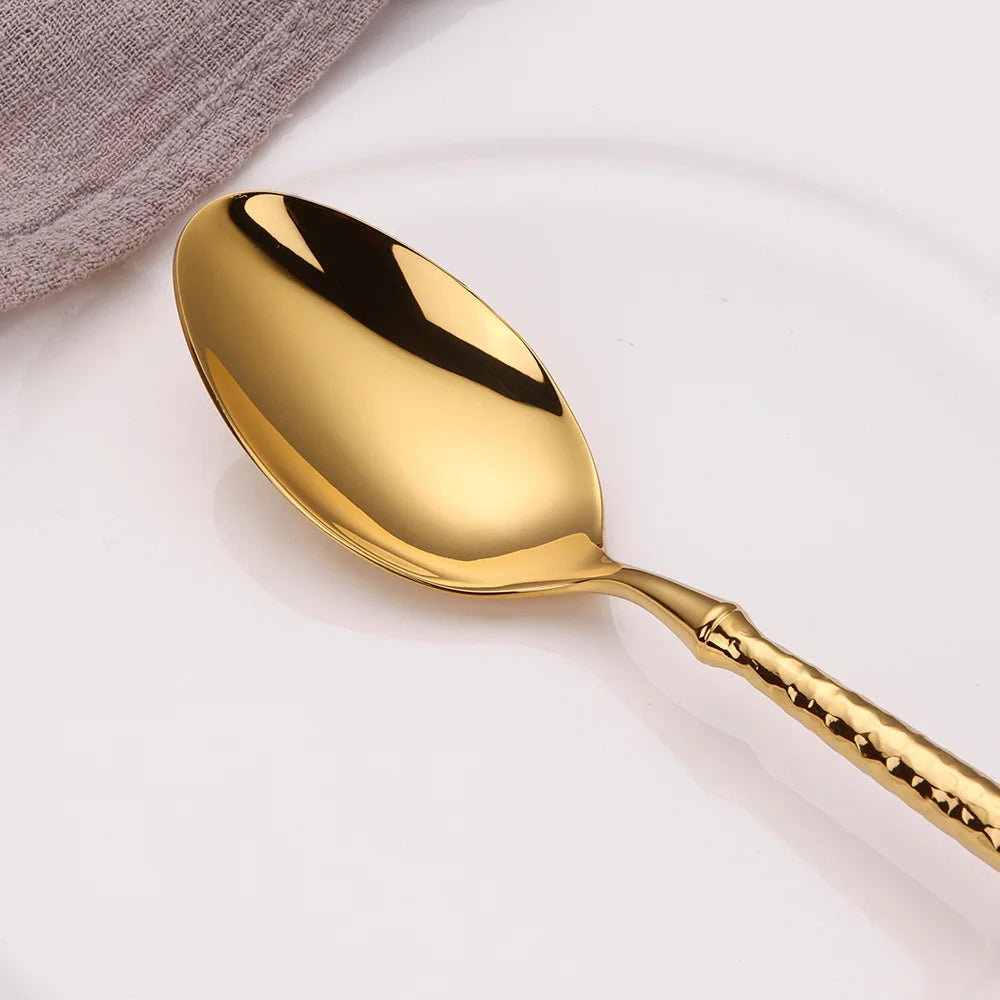 6/16/20/24Pcs Gold Cutlery Set Stainless Steel 304 Tableware Mirror Knife Fork Spoon Western Hammer Pattern Handle Dinner Set