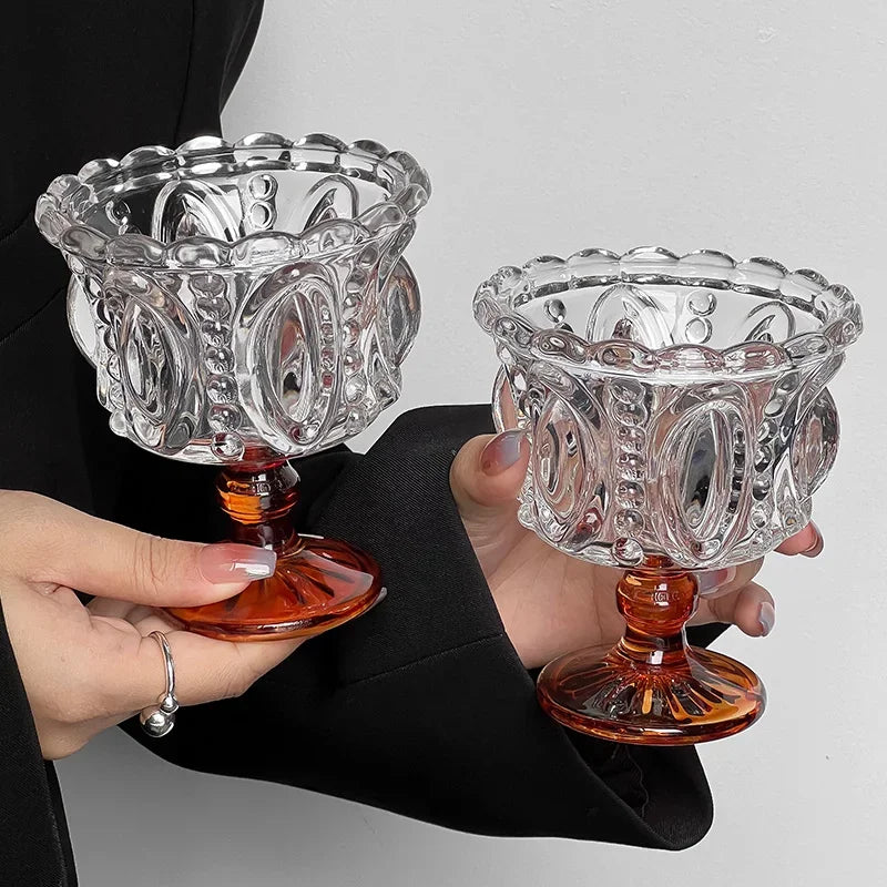KEMORELA 1/2PCS Retro Embossed Tall Glass Cup Whiskey Mugs Black Crystal Home Creative Coffee Ice Cream Yogurt Dessert Goblet