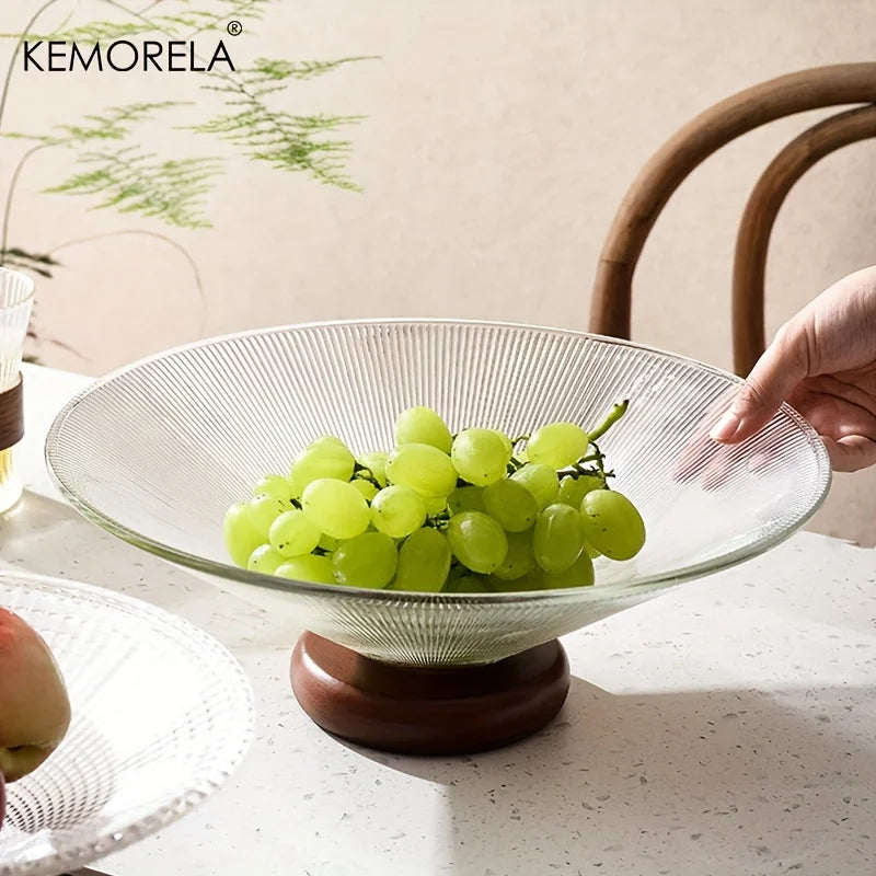 1PCS Creativity Glass Small Fruit Plate With Wooden Base Fruit Plate Home Decorative Plate Living Room Coffee Table Candy Plate