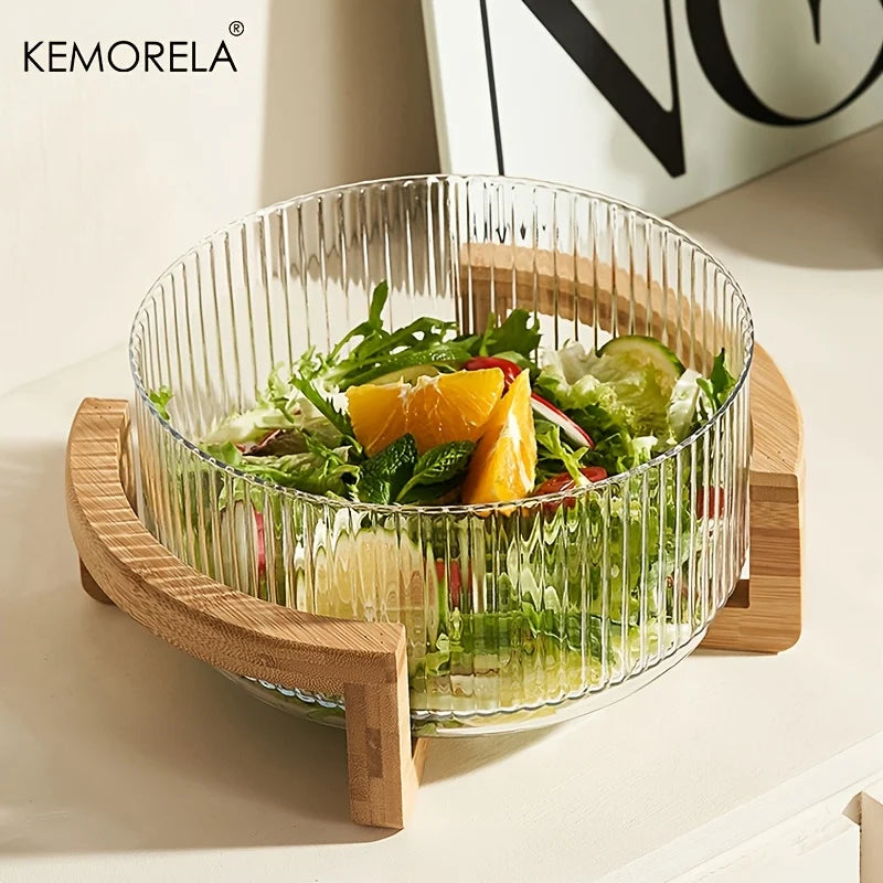 KEMORELA Striped Glass Bowl with Wooden Stand Scratch-Resistant round Salad Fruit Dessert Display for Living Room