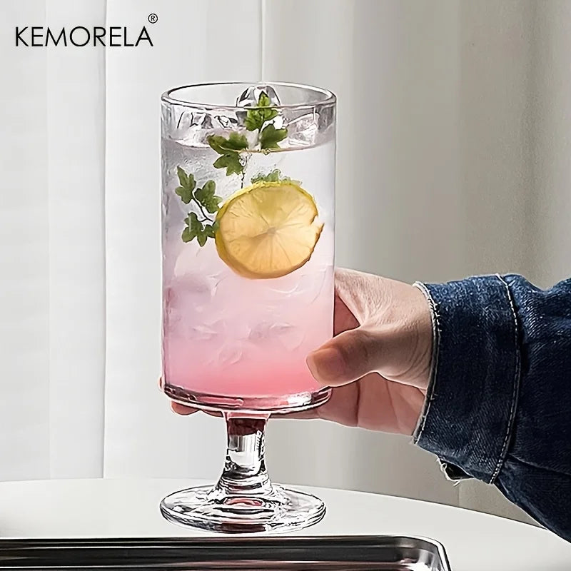 KEMORELA 1pc Elegant High-Foot Glass Cup Vertical Striped Design - Ideal for Iced Coffee Latte Juice & Wine - Reusable Glass