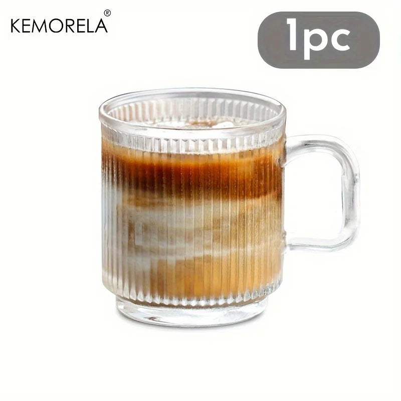 KEMORELA 1/2PCS Vertical Grain Glass Coffee Cup 350ML Water Cup With Handle Suitable Iced Coffee Juice Cup Valentine's Day Gifts