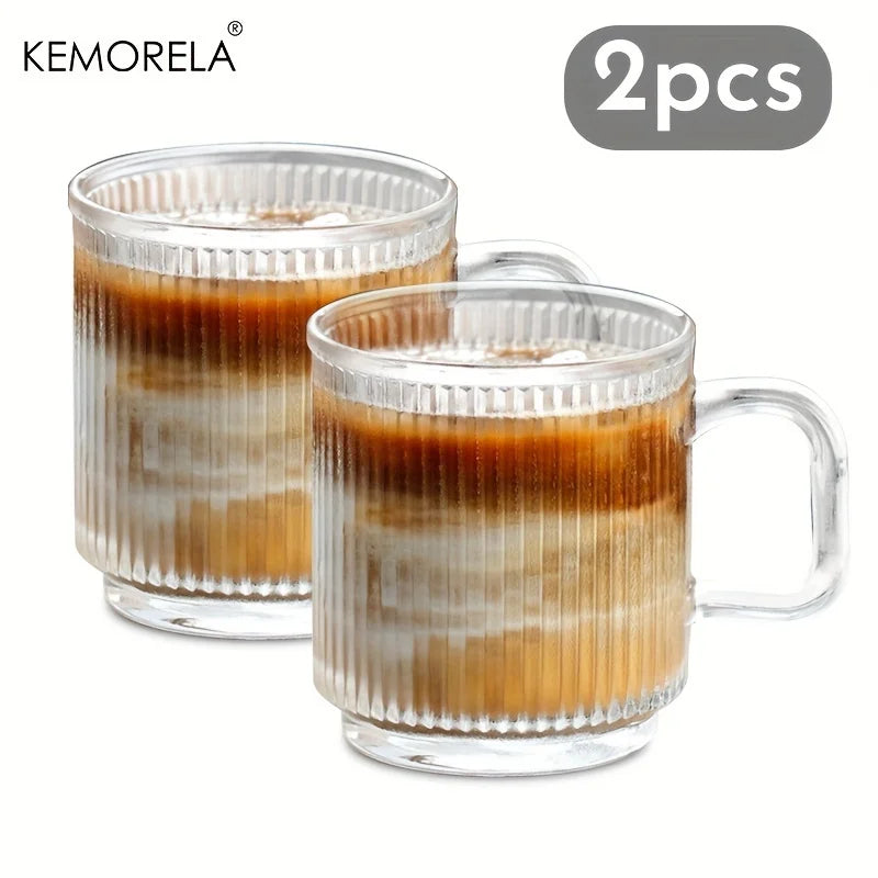KEMORELA 1/2PCS Vertical Grain Glass Coffee Cup 350ML Water Cup With Handle Suitable Iced Coffee Juice Cup Valentine's Day Gifts