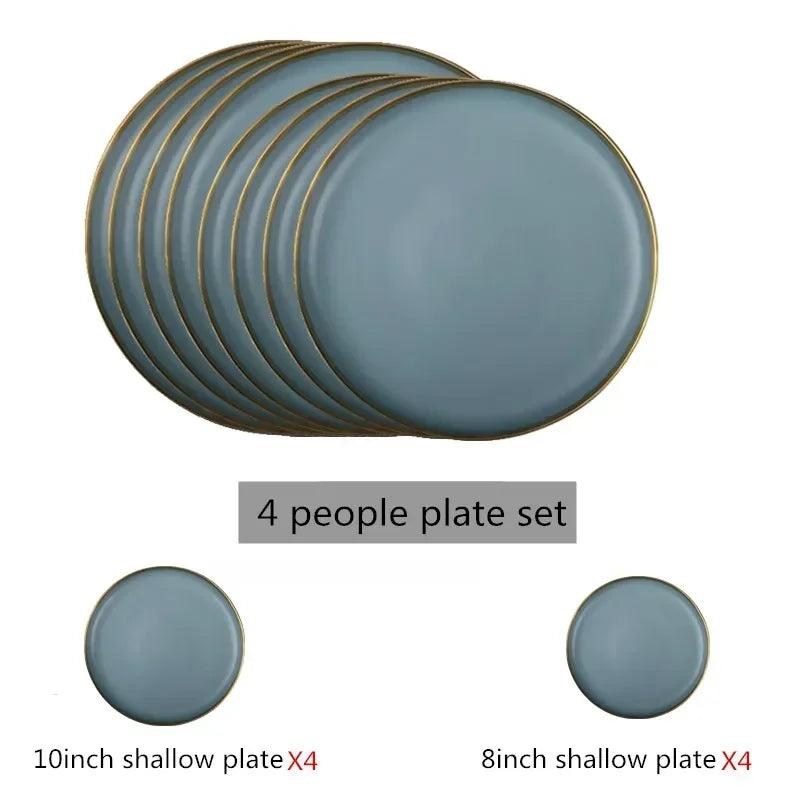 Matte Gilt Rim Ceramic Tableware Set with Spoon Cereals Bowl Dessert Plate Steak Plate for Dinner Gift Plates and Bowls Set