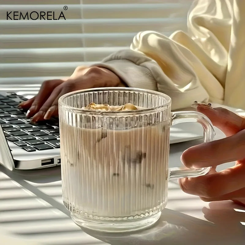 KEMORELA 1/2PCS Vertical Grain Glass Coffee Cup 350ML Water Cup With Handle Suitable Iced Coffee Juice Cup Valentine's Day Gifts