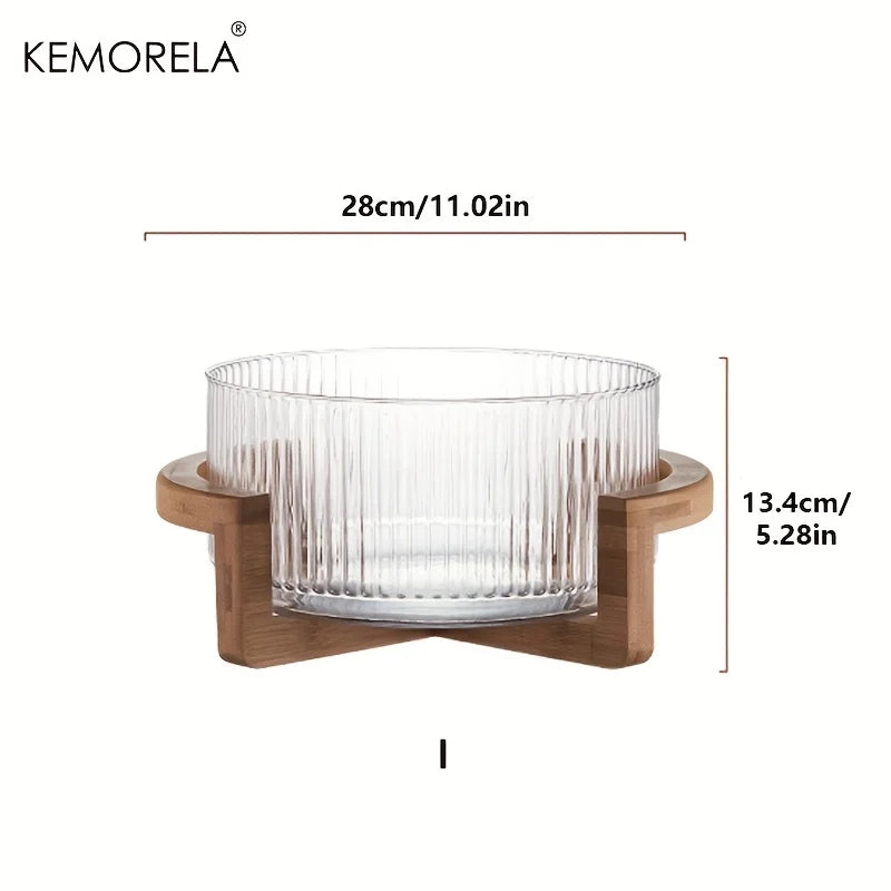 KEMORELA Striped Glass Bowl with Wooden Stand Scratch-Resistant round Salad Fruit Dessert Display for Living Room