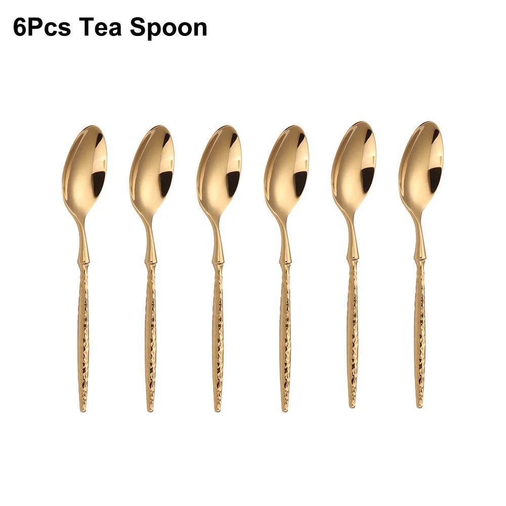 6/16/20/24Pcs Gold Cutlery Set Stainless Steel 304 Tableware Mirror Knife Fork Spoon Western Hammer Pattern Handle Dinner Set