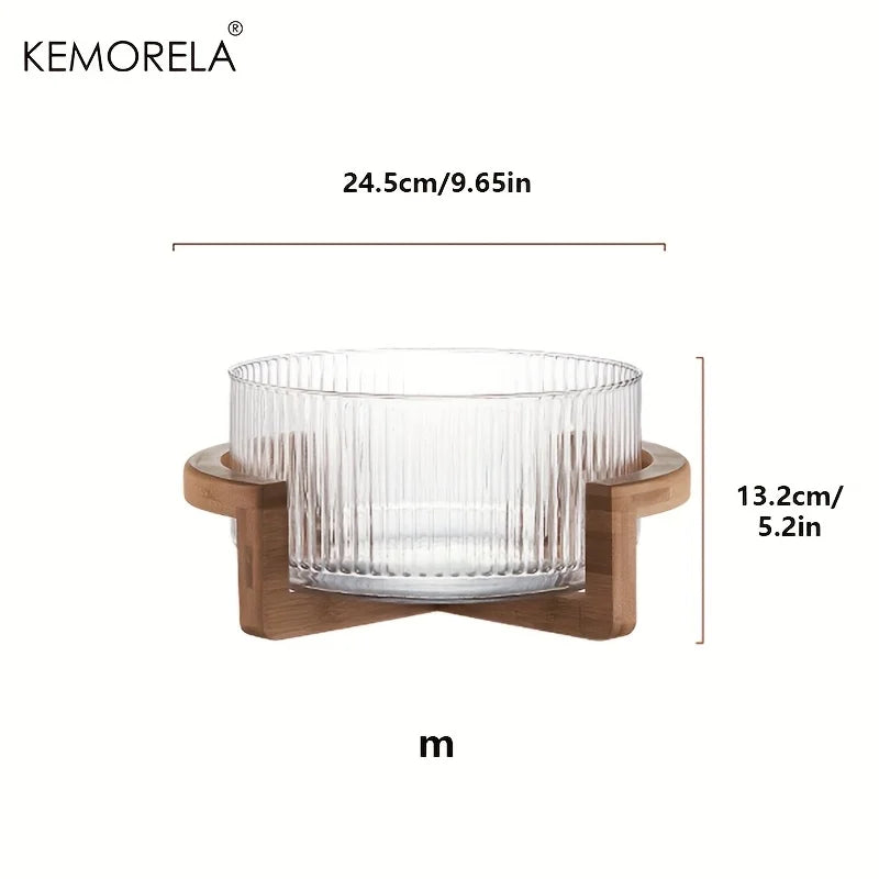 KEMORELA Striped Glass Bowl with Wooden Stand Scratch-Resistant round Salad Fruit Dessert Display for Living Room