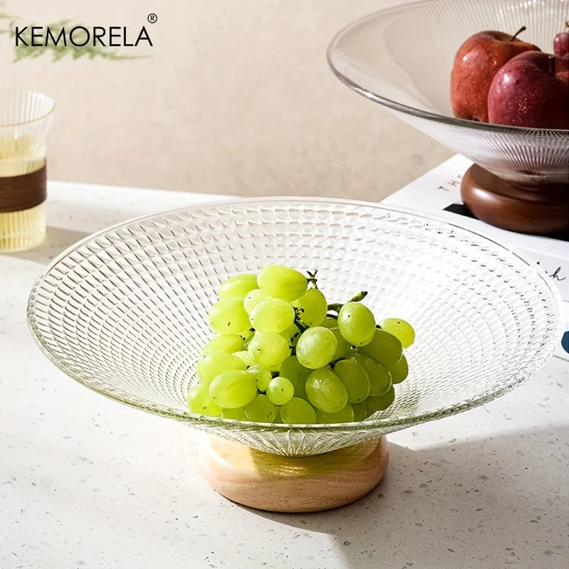 1PCS Creativity Glass Small Fruit Plate With Wooden Base Fruit Plate Home Decorative Plate Living Room Coffee Table Candy Plate