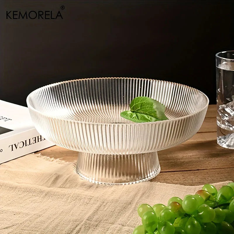 1Pcs Glass Fruit Bowl with Feet Tall Striped Storage Tray Home Living Room Decoration Creative Dried Fruit Tray Snack Tray