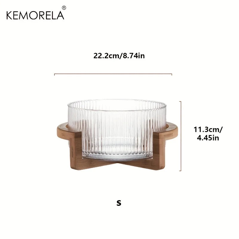 KEMORELA Striped Glass Bowl with Wooden Stand Scratch-Resistant round Salad Fruit Dessert Display for Living Room
