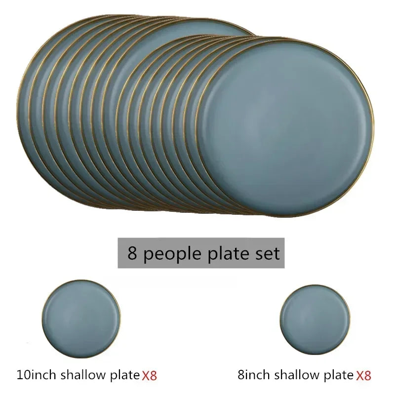 Matte Gilt Rim Ceramic Tableware Set with Spoon Cereals Bowl Dessert Plate Steak Plate for Dinner Gift Plates and Bowls Set