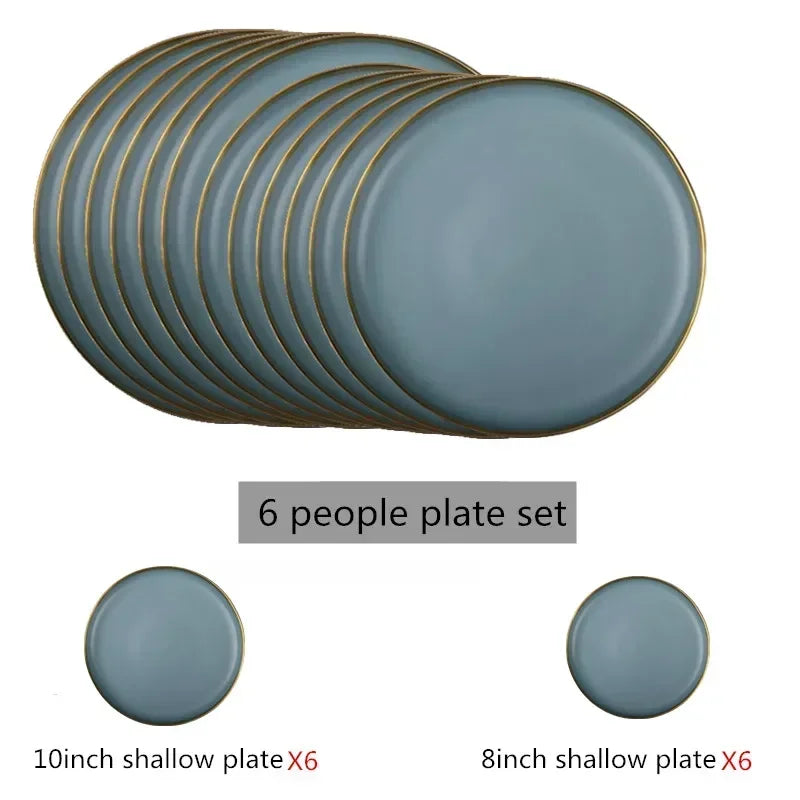 Matte Gilt Rim Ceramic Tableware Set with Spoon Cereals Bowl Dessert Plate Steak Plate for Dinner Gift Plates and Bowls Set