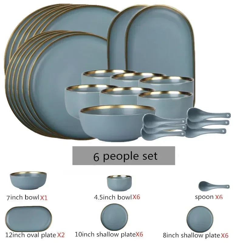 Matte Gilt Rim Ceramic Tableware Set with Spoon Cereals Bowl Dessert Plate Steak Plate for Dinner Gift Plates and Bowls Set
