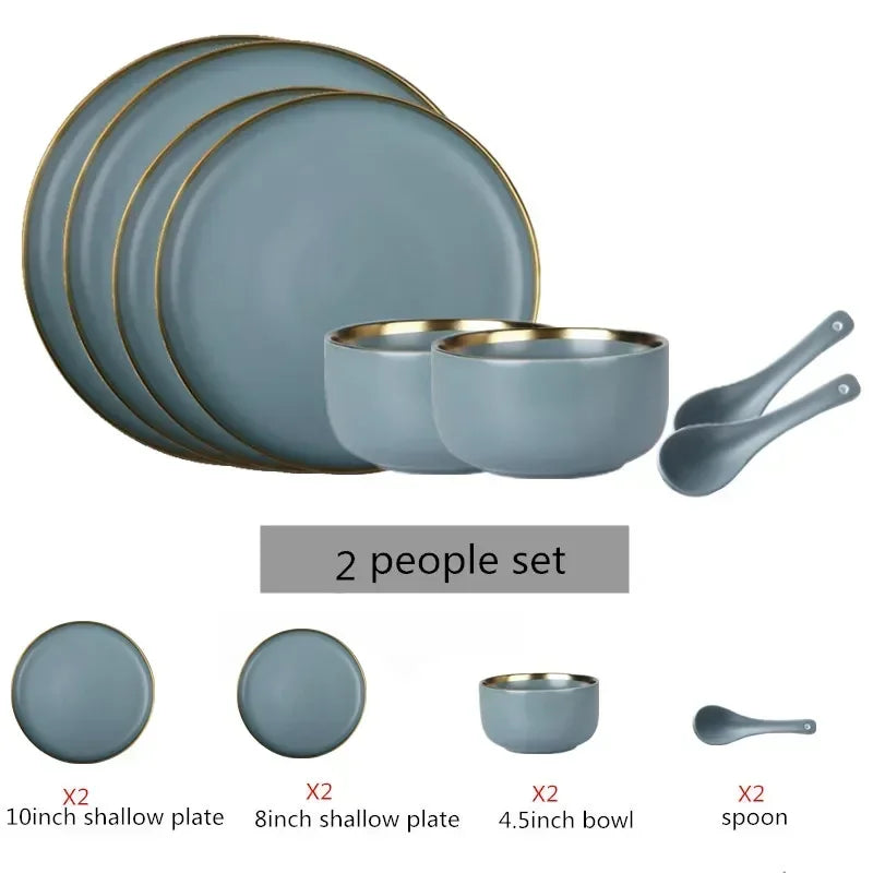 Matte Gilt Rim Ceramic Tableware Set with Spoon Cereals Bowl Dessert Plate Steak Plate for Dinner Gift Plates and Bowls Set