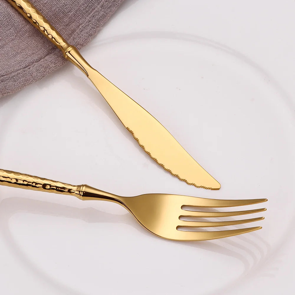 6/16/20/24Pcs Gold Cutlery Set Stainless Steel 304 Tableware Mirror Knife Fork Spoon Western Hammer Pattern Handle Dinner Set