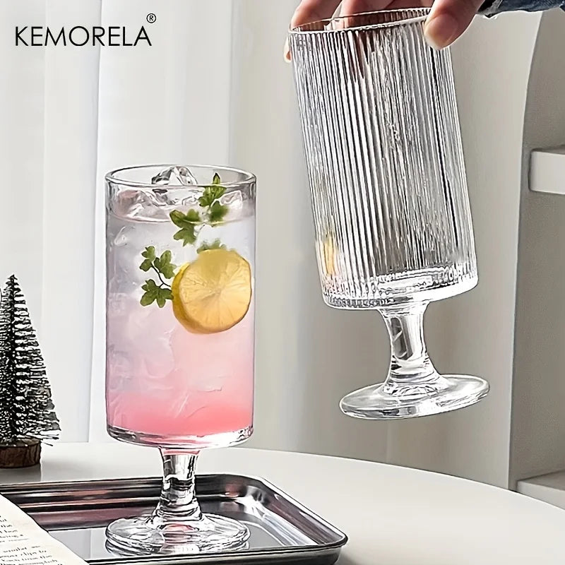 KEMORELA 1pc Elegant High-Foot Glass Cup Vertical Striped Design - Ideal for Iced Coffee Latte Juice & Wine - Reusable Glass