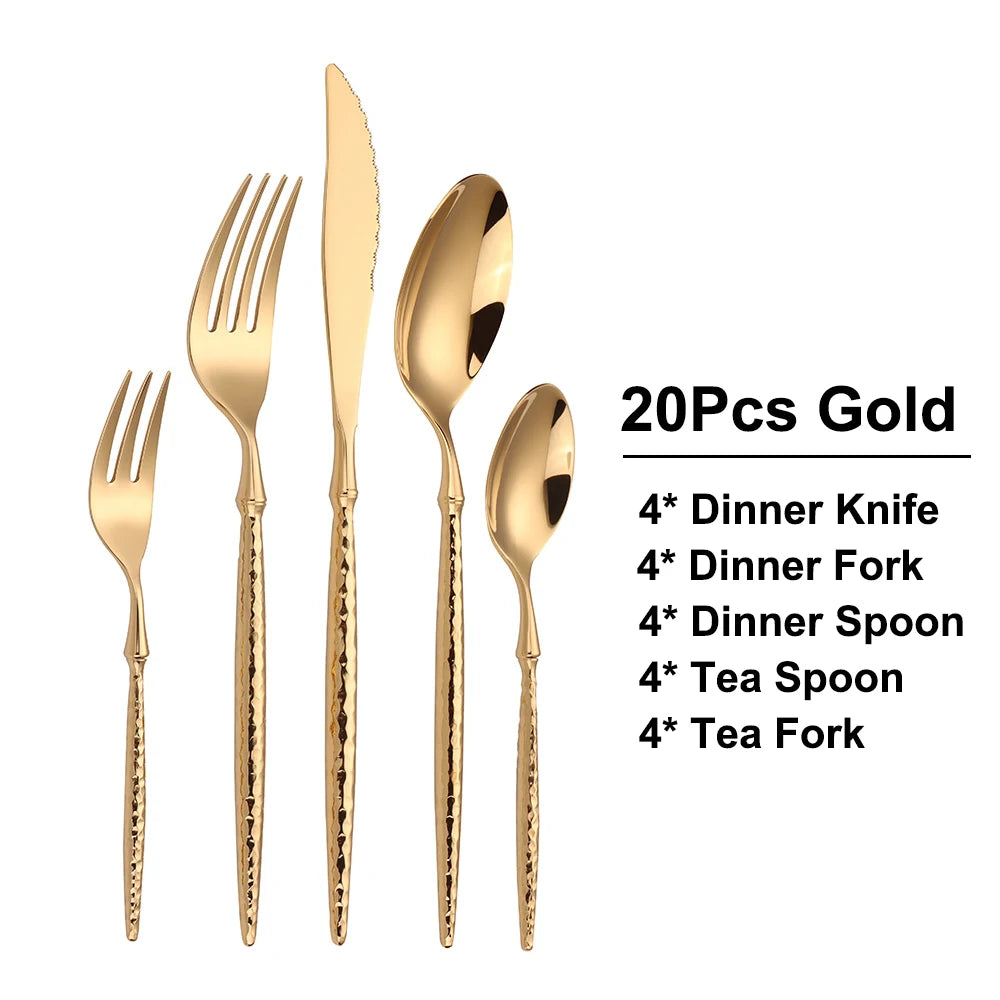 6/16/20/24Pcs Gold Cutlery Set Stainless Steel 304 Tableware Mirror Knife Fork Spoon Western Hammer Pattern Handle Dinner Set