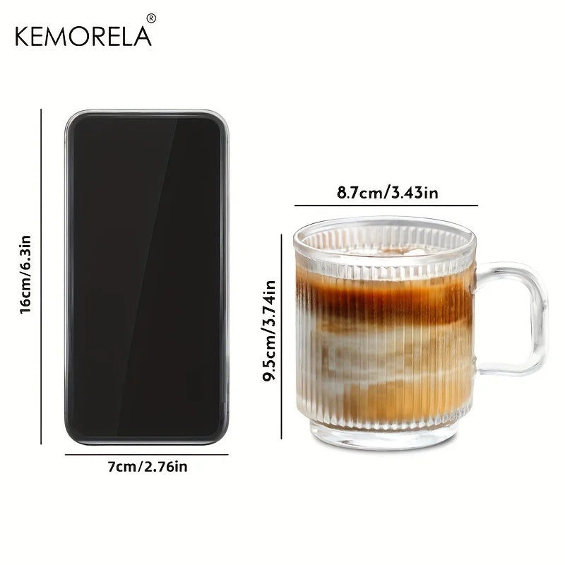 KEMORELA 1/2PCS Vertical Grain Glass Coffee Cup 350ML Water Cup With Handle Suitable Iced Coffee Juice Cup Valentine's Day Gifts