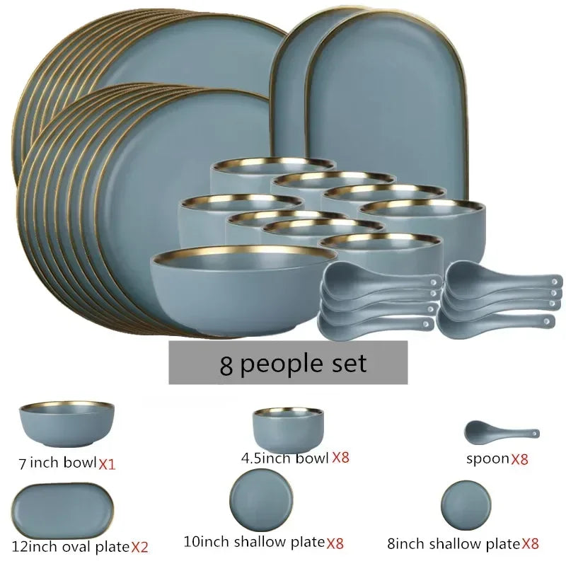 Matte Gilt Rim Ceramic Tableware Set with Spoon Cereals Bowl Dessert Plate Steak Plate for Dinner Gift Plates and Bowls Set