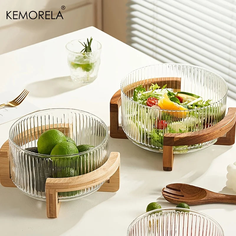 KEMORELA Striped Glass Bowl with Wooden Stand Scratch-Resistant round Salad Fruit Dessert Display for Living Room