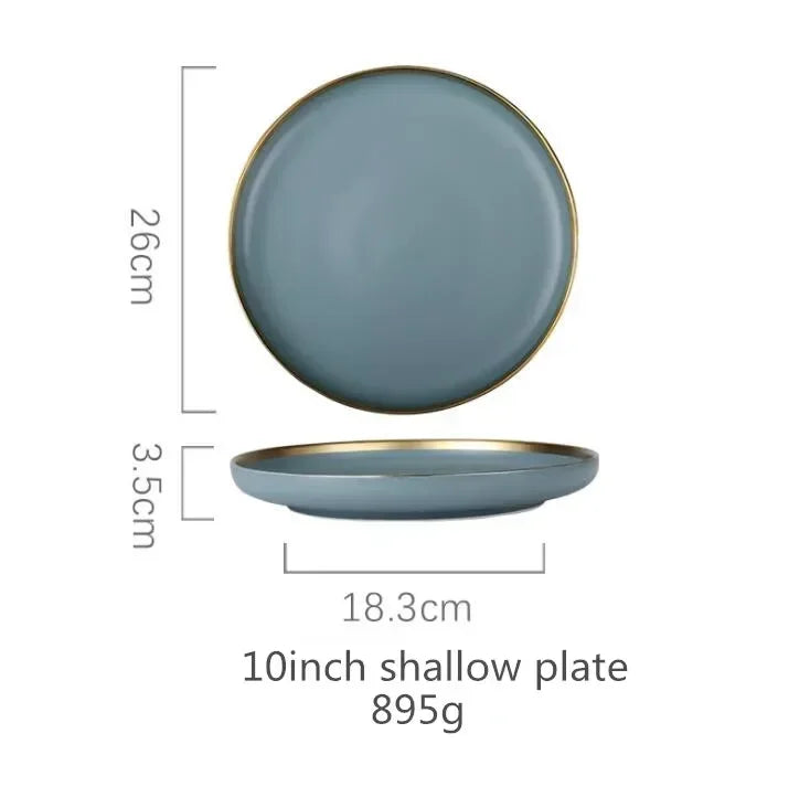 Matte Gilt Rim Ceramic Tableware Set with Spoon Cereals Bowl Dessert Plate Steak Plate for Dinner Gift Plates and Bowls Set
