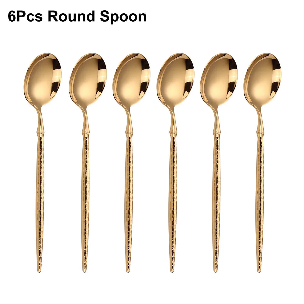 6/16/20/24Pcs Gold Cutlery Set Stainless Steel 304 Tableware Mirror Knife Fork Spoon Western Hammer Pattern Handle Dinner Set