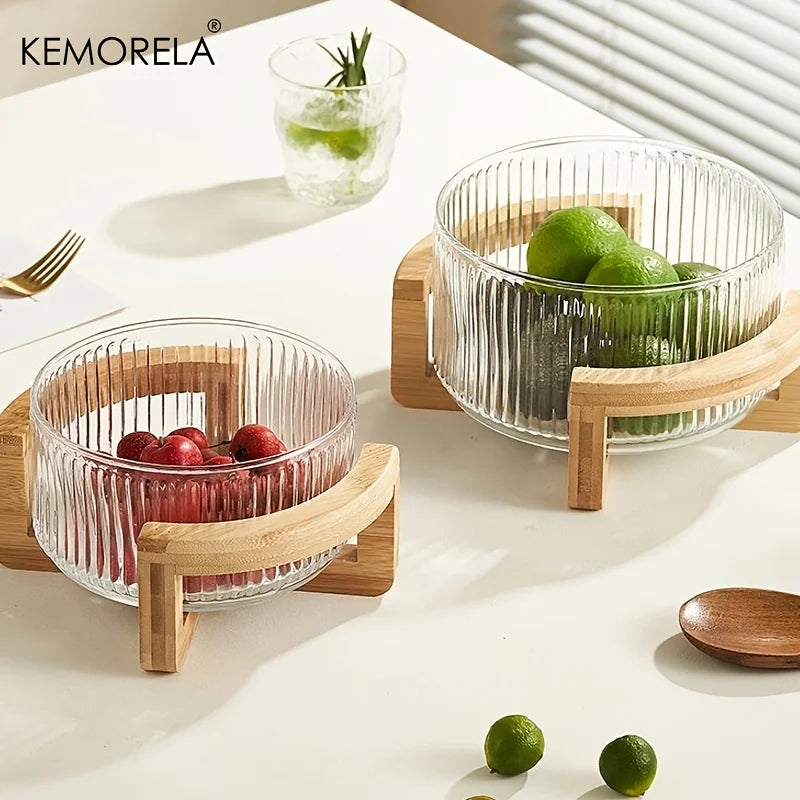 KEMORELA Striped Glass Bowl with Wooden Stand Scratch-Resistant round Salad Fruit Dessert Display for Living Room