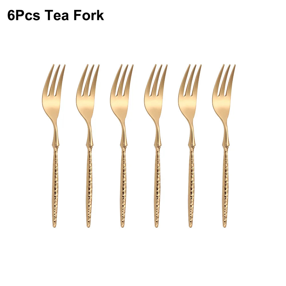 6/16/20/24Pcs Gold Cutlery Set Stainless Steel 304 Tableware Mirror Knife Fork Spoon Western Hammer Pattern Handle Dinner Set