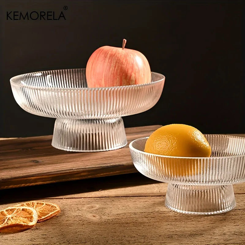 1Pcs Glass Fruit Bowl with Feet Tall Striped Storage Tray Home Living Room Decoration Creative Dried Fruit Tray Snack Tray