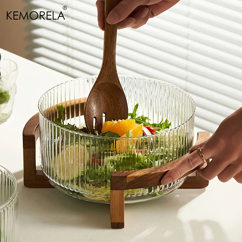 KEMORELA Striped Glass Bowl with Wooden Stand Scratch-Resistant round Salad Fruit Dessert Display for Living Room