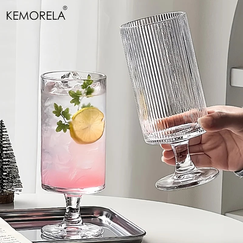 KEMORELA 1pc Elegant High-Foot Glass Cup Vertical Striped Design - Ideal for Iced Coffee Latte Juice & Wine - Reusable Glass