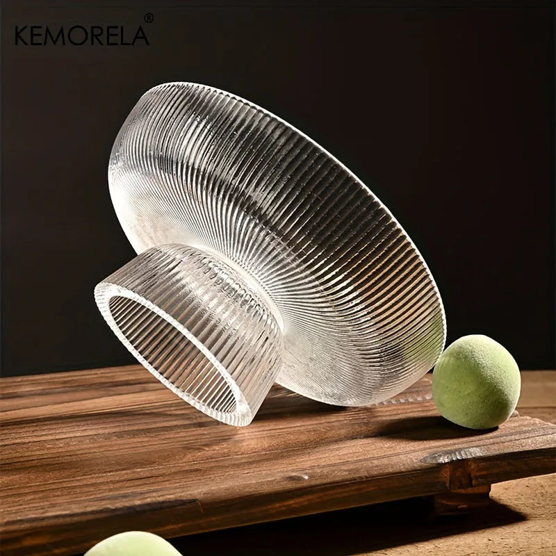1Pcs Glass Fruit Bowl with Feet Tall Striped Storage Tray Home Living Room Decoration Creative Dried Fruit Tray Snack Tray