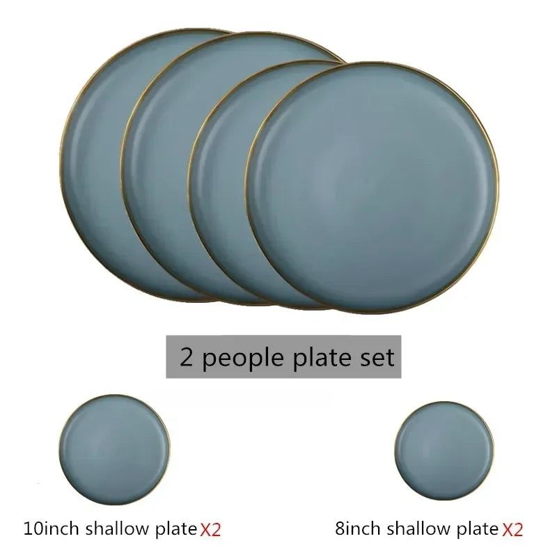 Matte Gilt Rim Ceramic Tableware Set with Spoon Cereals Bowl Dessert Plate Steak Plate for Dinner Gift Plates and Bowls Set