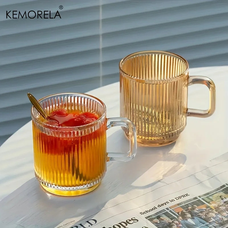 KEMORELA 1/2PCS Vertical Grain Glass Coffee Cup 350ML Water Cup With Handle Suitable Iced Coffee Juice Cup Valentine's Day Gifts