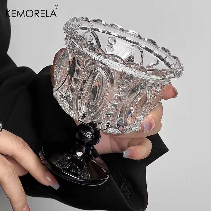 KEMORELA 1/2PCS Retro Embossed Tall Glass Cup Whiskey Mugs Black Crystal Home Creative Coffee Ice Cream Yogurt Dessert Goblet