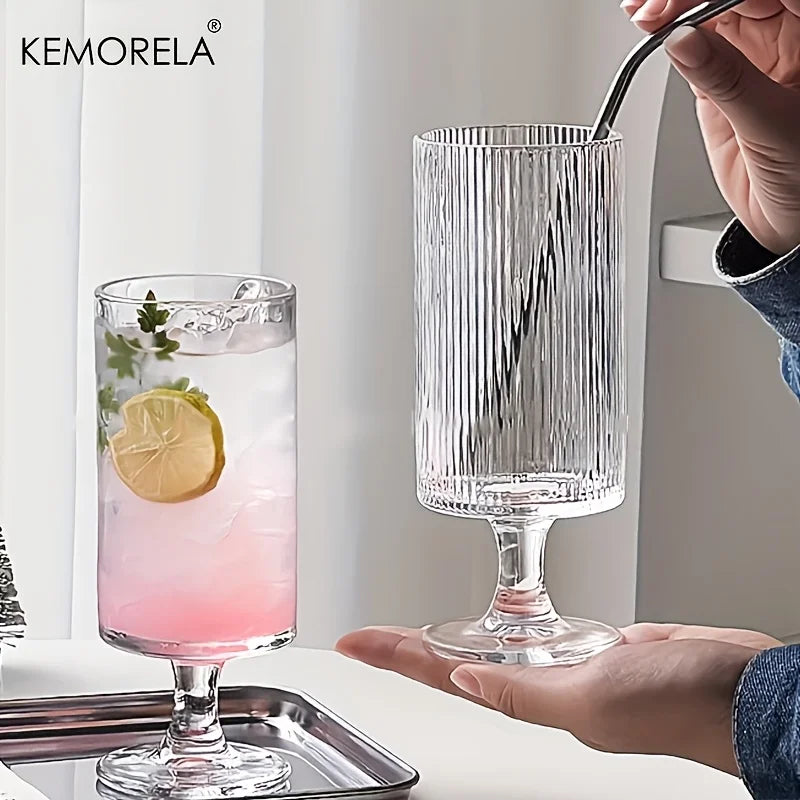 KEMORELA 1pc Elegant High-Foot Glass Cup Vertical Striped Design - Ideal for Iced Coffee Latte Juice & Wine - Reusable Glass
