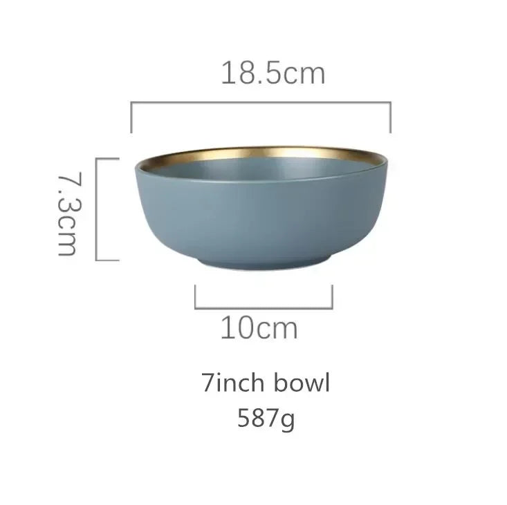 Matte Gilt Rim Ceramic Tableware Set with Spoon Cereals Bowl Dessert Plate Steak Plate for Dinner Gift Plates and Bowls Set