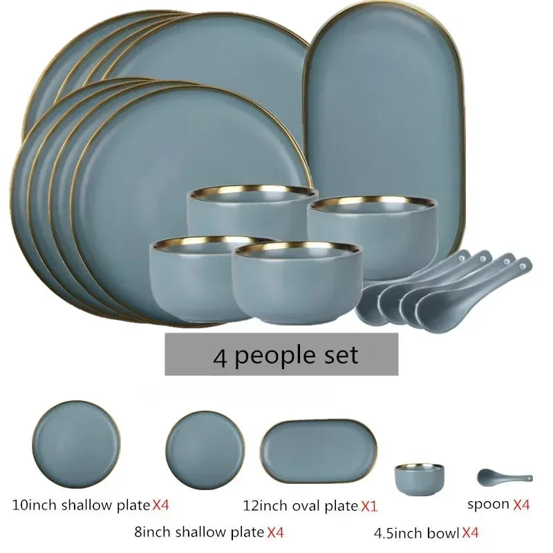 Matte Gilt Rim Ceramic Tableware Set with Spoon Cereals Bowl Dessert Plate Steak Plate for Dinner Gift Plates and Bowls Set