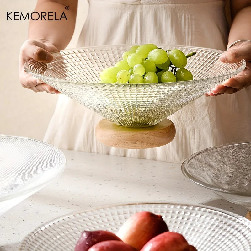 1PCS Creativity Glass Small Fruit Plate With Wooden Base Fruit Plate Home Decorative Plate Living Room Coffee Table Candy Plate
